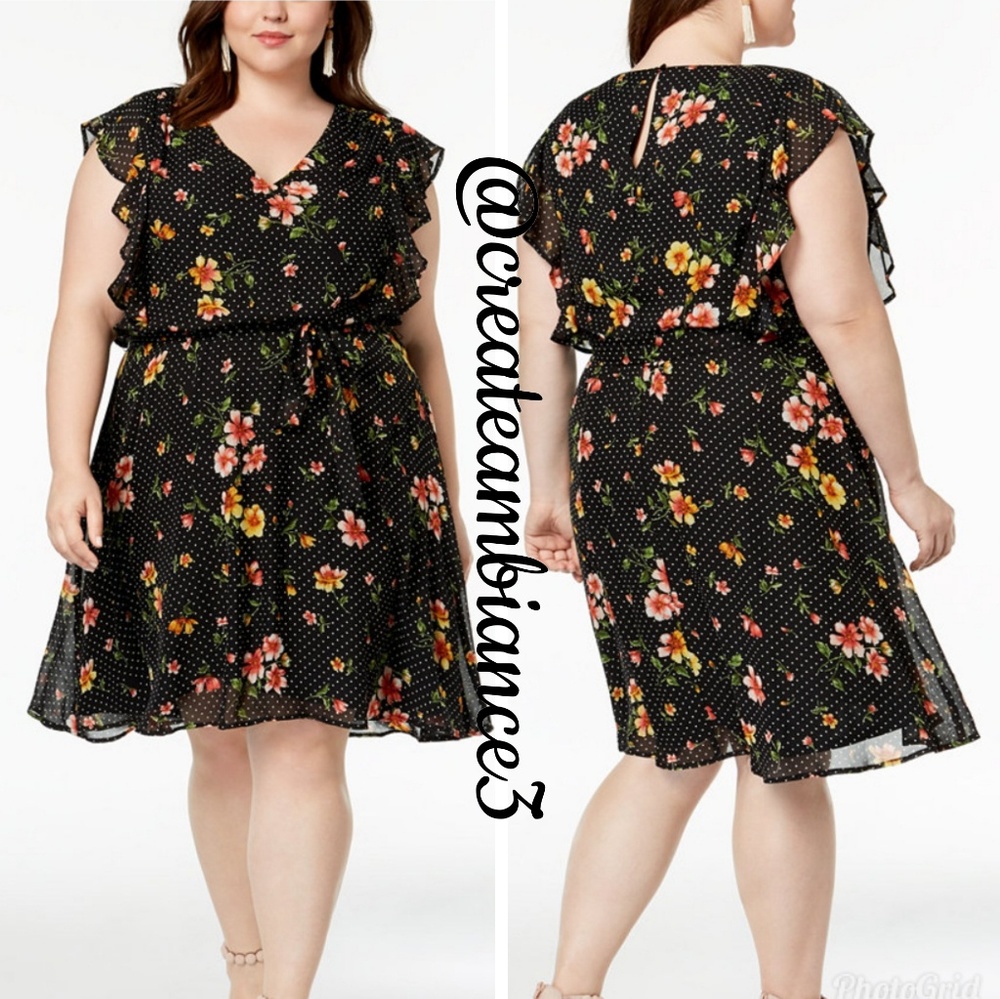 Floral Print Ruffle Overlay Dress
